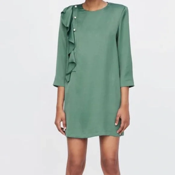 Zara sea green dress with ruffles and pearls